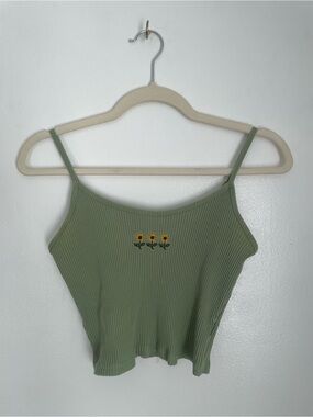 Green tank top with embroidered sunflowers size small with adjustable straps